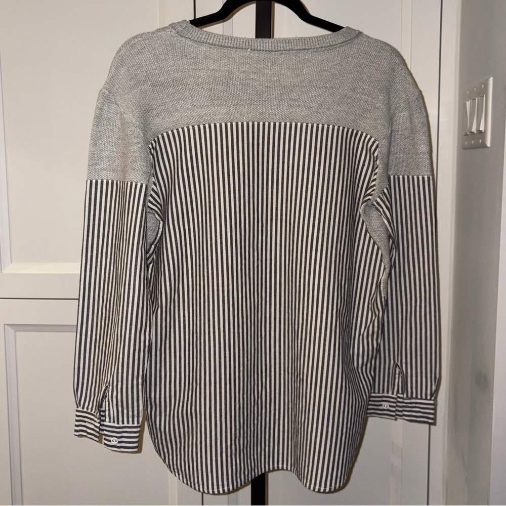 Striped Hem Gray Crewneck Sweater - Women - Picture 5 of 9